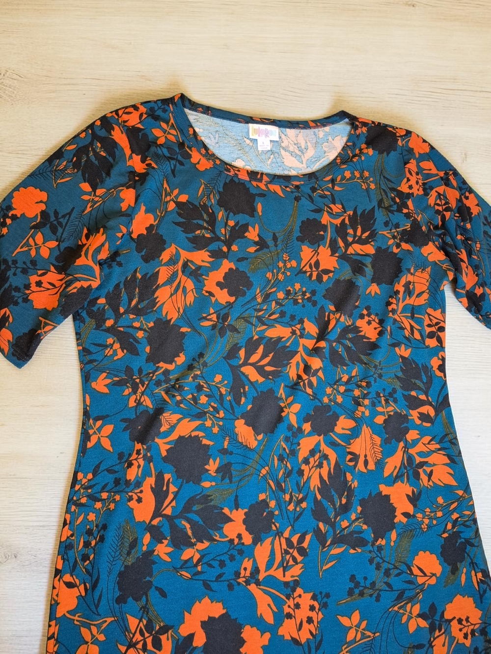 LuLaRoe Teal Julia Dress with Orange and Black Floral Print Large - Picture 3 of 8